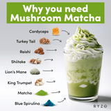 RYZE Mushroom Matcha - with 6 Organic Adaptogenic Mushrooms Grown In USA and Ceremonial-Grade Japanese Matcha - 58YQ