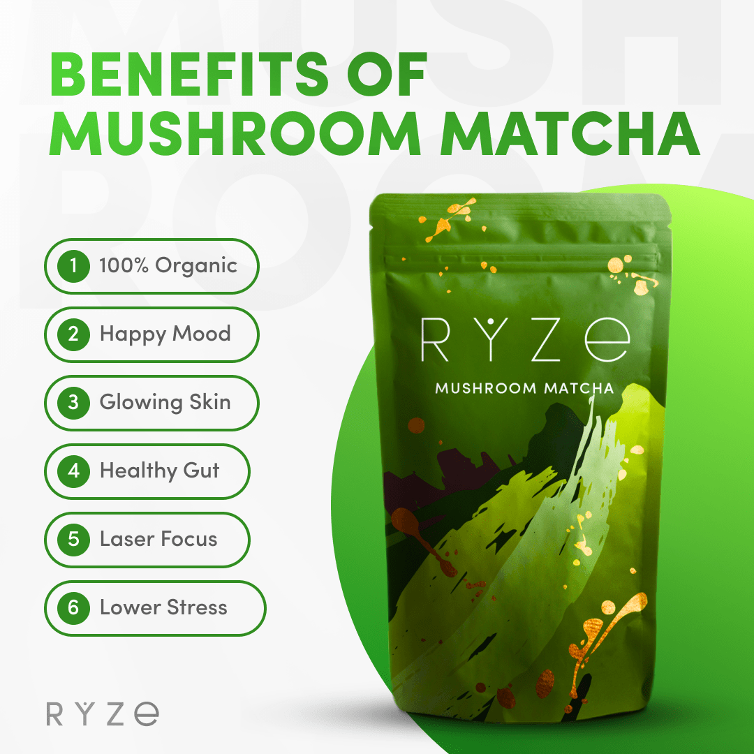 RYZE Mushroom Matcha - with 6 Organic Adaptogenic Mushrooms Grown In USA and Ceremonial-Grade Japanese Matcha - 58YQ
