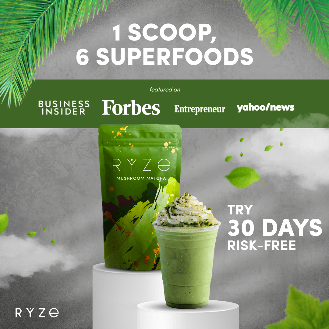 RYZE Mushroom Matcha - with 6 Organic Adaptogenic Mushrooms Grown In USA and Ceremonial-Grade Japanese Matcha - 58YQ